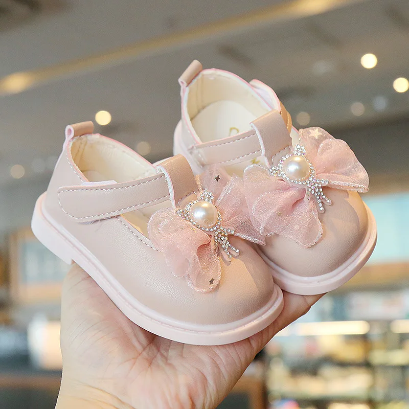 Girls Leather Shoes for Banquet Party 2023 Spring Kids Mary Jane Sweet Pearl Lace Bow Princess Baby Shoes Chaussure Enfant Fille