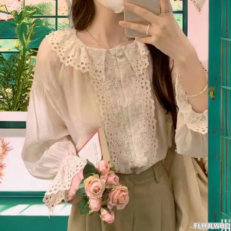 Semi-Transparent Sunscreen Tops Blusas Woman Cute Sweet Japan Girls Flare Sleeve Retro Vintage Hollow Out Lace Ruffles Shirts