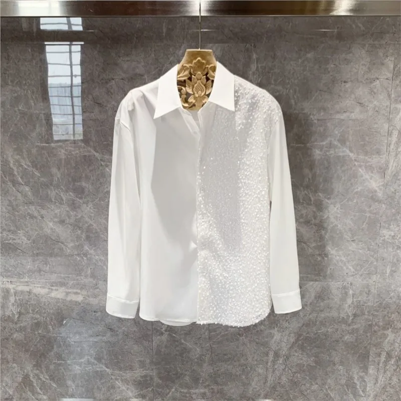 New Men's Shirt Spring  Autumn Star glitter Long Sleeved Shirt Men Nightclub Casual Social Party wear Male Patchwork Shirts