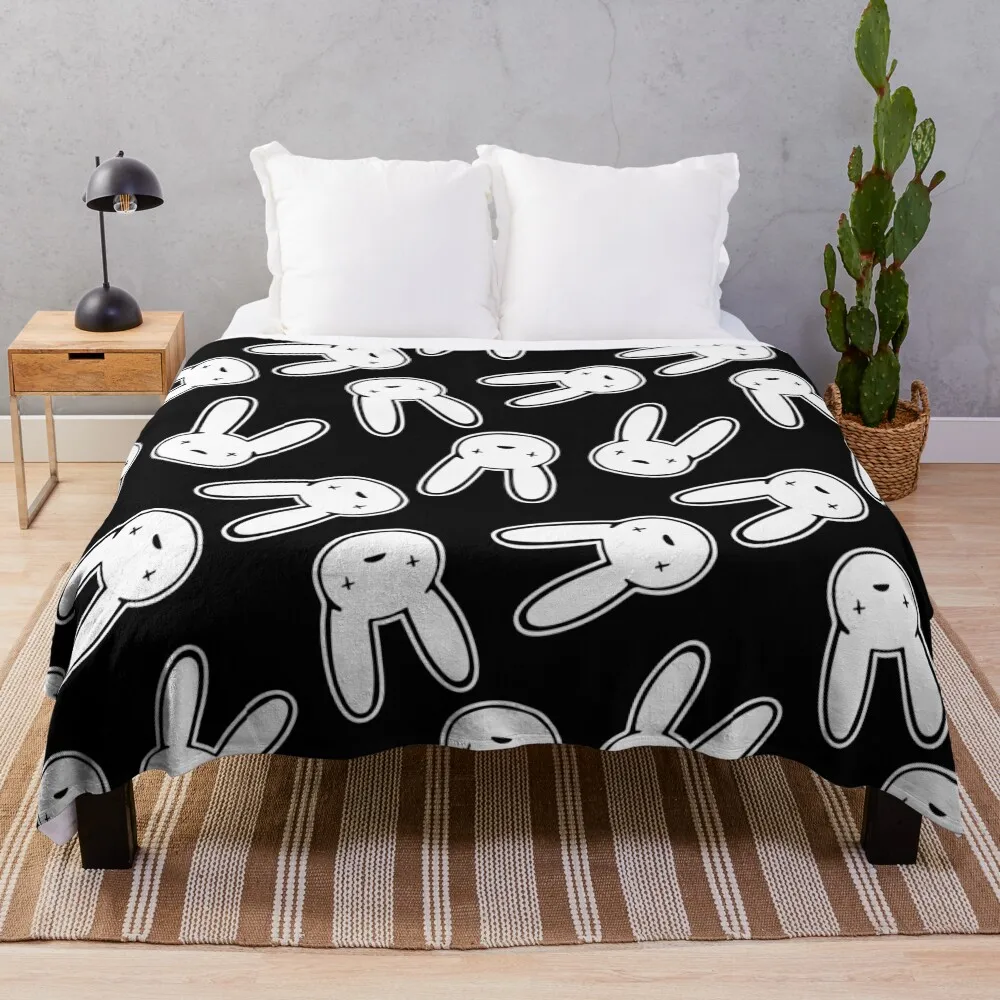 

Bad Bunny Oasis Logo Pattern (White on Black) Throw Blanket Hairy Personalized Gift Loose Blankets