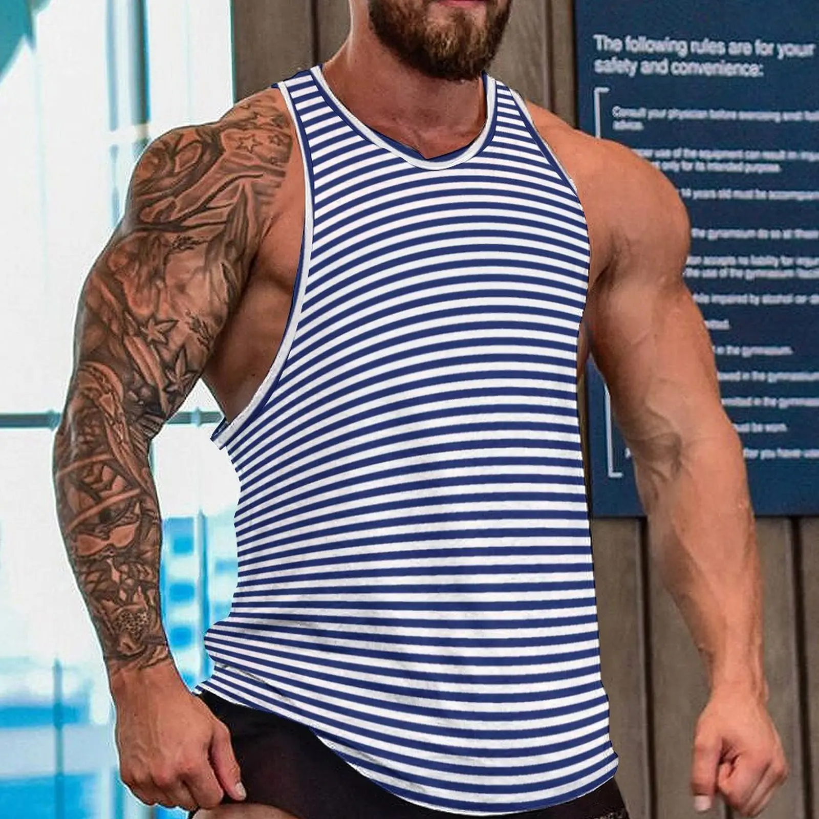 Classic Stripes Tank Top Navy Blue and White Males Full Print Tops Workout Streetwear Sleeveless Shirts