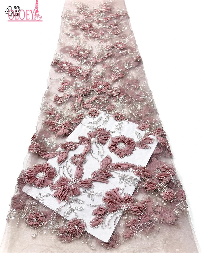 OLOEY Kain Renda Pesta Nigeria dengan Payet dan Manik-manik Afrika Berkualitas Tinggi 5 Yard Kain Tulle Prancis Afrika untuk Pesta Pernikahan