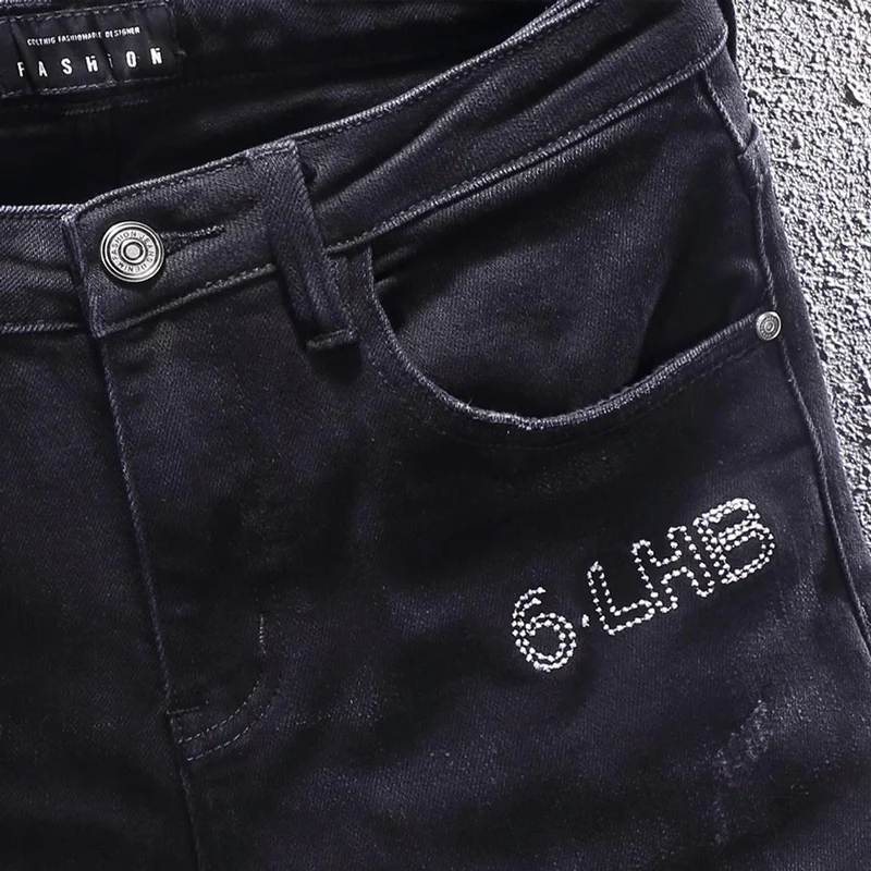 

Fashionable y2k men's black jeans, painted, washed, nostalgic, stretchy, slim fit jeans, Italian style, retro, lightweight, high