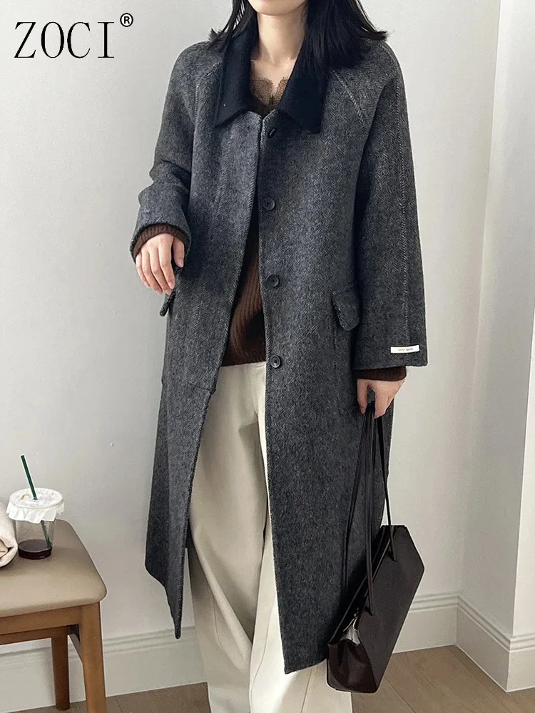 

ZOCI Women's Spliced Contrast Color Woolen Coat Lapel Single Breasted Warm Office Lady Long Outwear 2024 Winter New FC1229