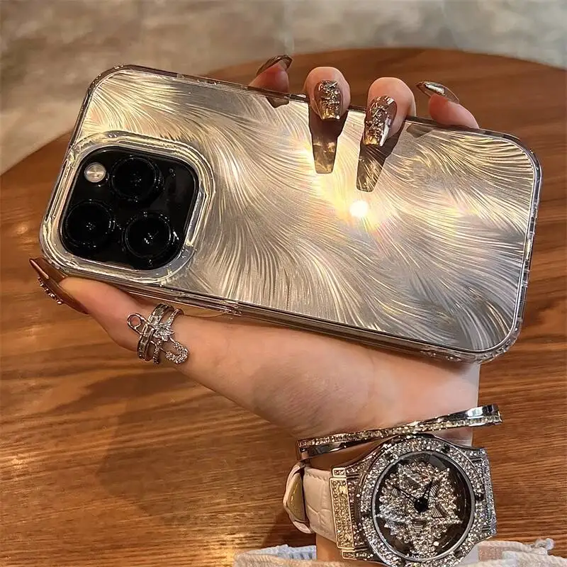 

High Quality Luxurious Phone Case For iPhone 16 14 13 12 15 Pro Max Plus Bright Feather Cover With Chain For iPhone 15 16 Promax