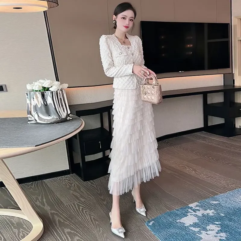 

High-end Sense 2024 Spring and Autumn Fashion Women's Suit Jacket Temperament Socialite Mesh Gauze Cake Long Skirt Two-piece Set