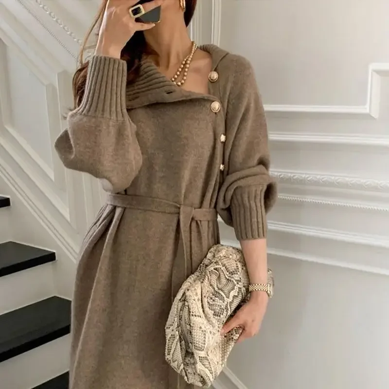 Apricot Loose Woman Dress Clothes Maxi Evening Robe Turtleneck Long Dresses for Women Knitted Brown Crochet Korean Style Beach