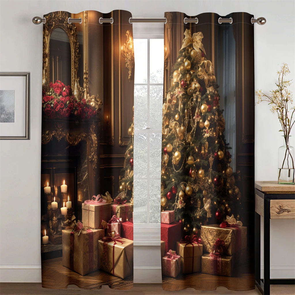 2 pcs Deluxe Scene Decor Curtains Christmas Tree Gifts Home Curtains Christmas Living Room Bedroom Kitchen Balcony Window Decor