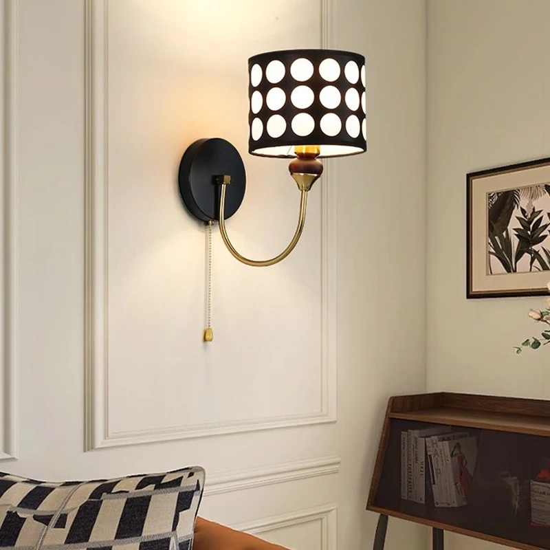 Retro Black and White Polka Dots Wall Lamps Zipper Switch Fabric Sconces Bedroom Bedside Wall Light for Living Room Hallway E27