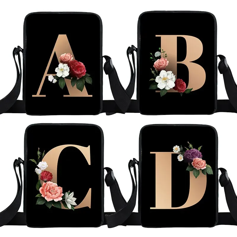 

26 Initial Flower Print Crossbody Bag A - Z Alphabet Shoulder Bags Women Handbag For Travel Messenger Bags Bridesmaid Party Gift