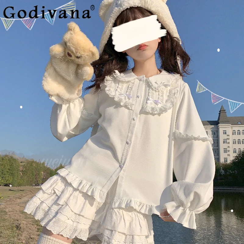 Autumn Fashion Long Sleeves Top Women Japanese Lolita White Inner Blouses Girly Peter Pan Collar Sweet Y2k Shirt Female Clothes