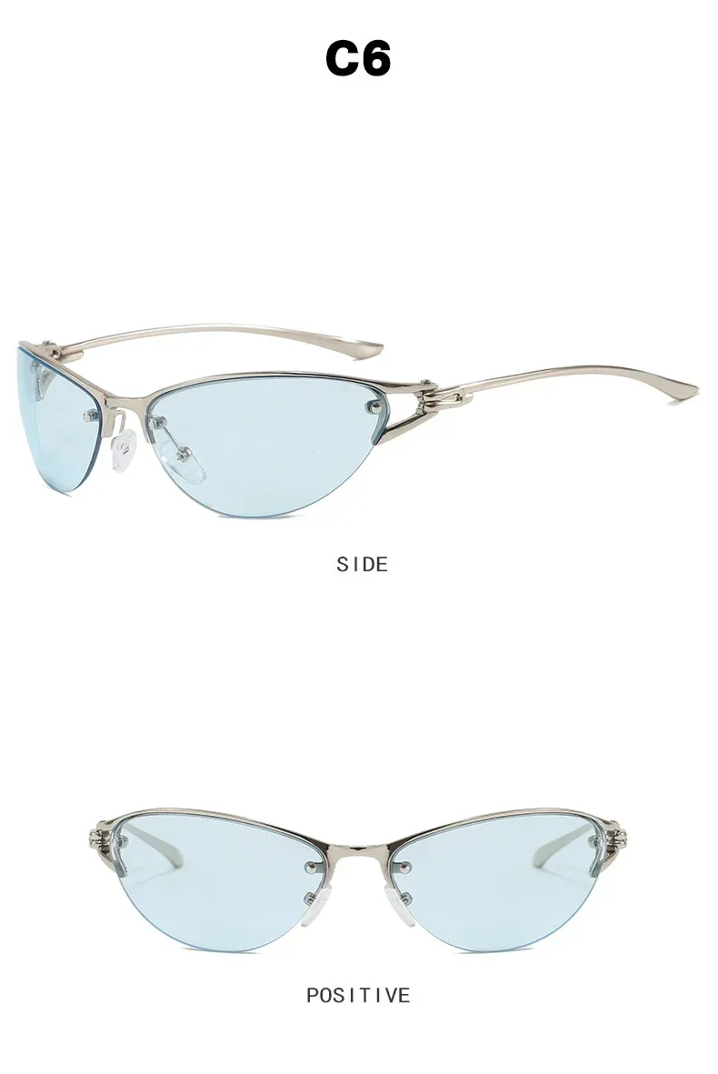 Neue silberne Y2K Metall-Cat-Eye-Sonnenbrille für Damen, modische Halbrahmen-Sonnenbrille mit klaren, getönten Gläsern, UV400, trendige Sonnenbrille für Herren, UV400 – Detail 11