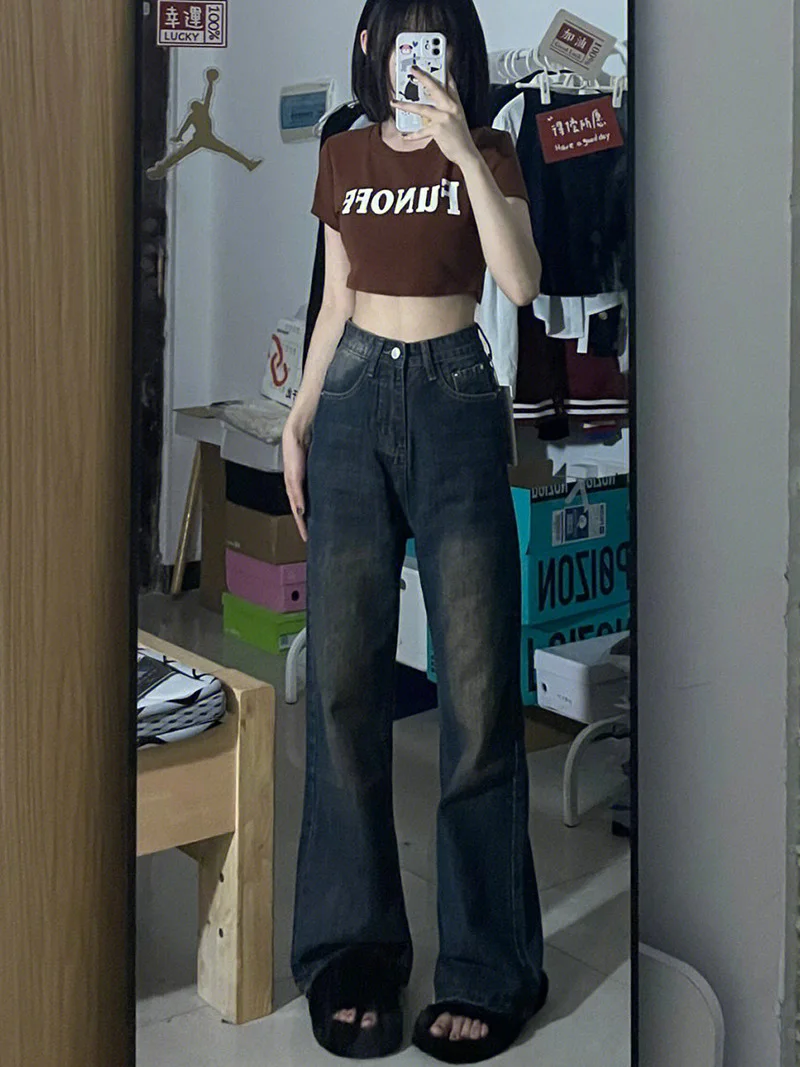 Autumn Women'S Clothing Wide Jeans Woman Stacked Ruffle Pleated Draped Split Slit Asymmetric Detail Side Female Denim Fashion