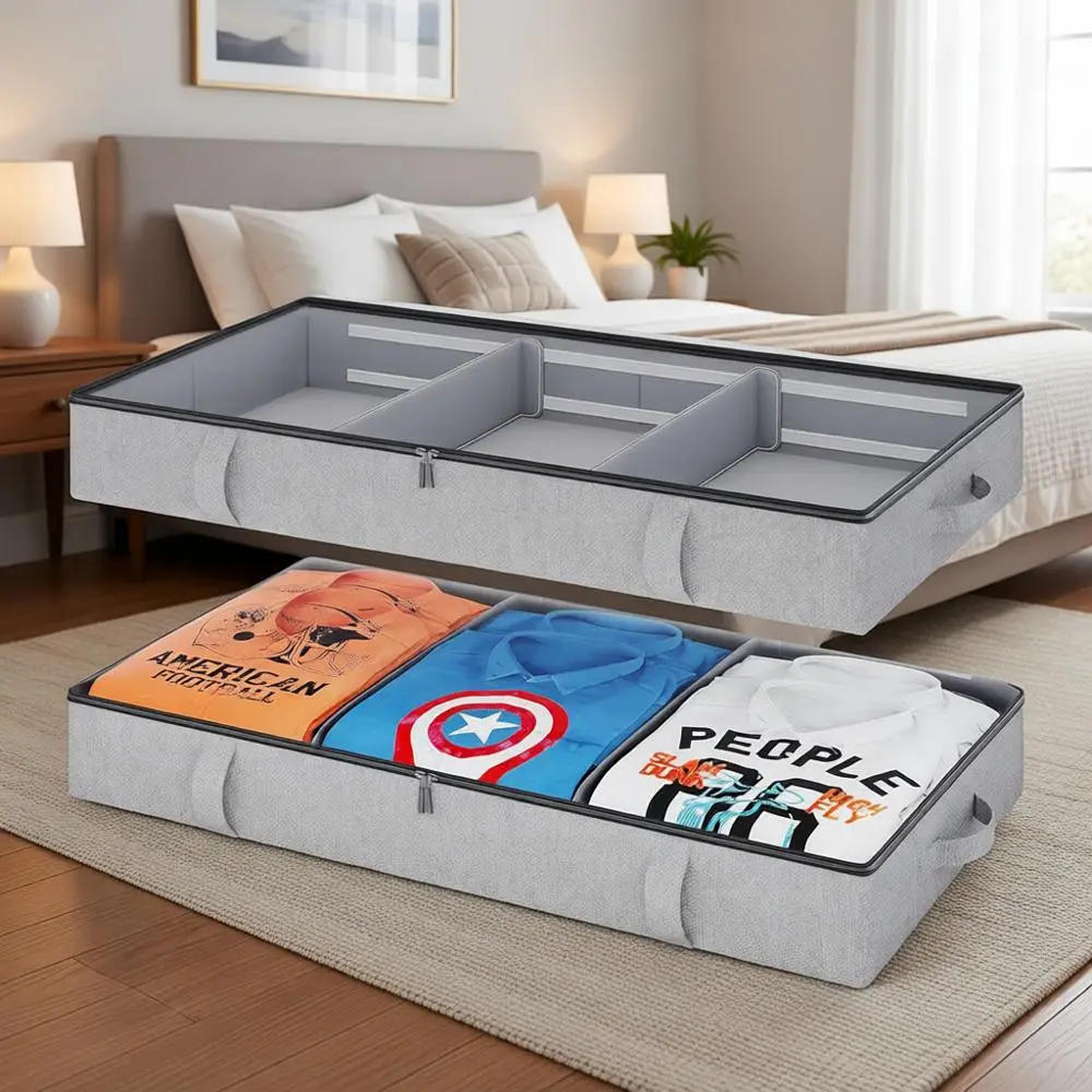 

Контейнеры для хранения под кроватью, 6 дюймов высотой, 60 л, с разделителями, прочными ручками, усиленными боковинами, 2 шт., серые