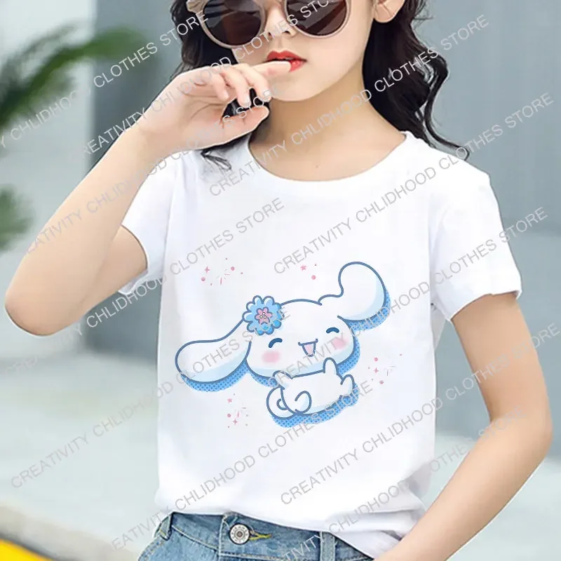 Sanrio Cinnamoroll T-Shirt per bambini maglietta Kawaii Hello Kitty cartoni animati abbigliamento Casual Anime Tee abbigliamento per bambini per