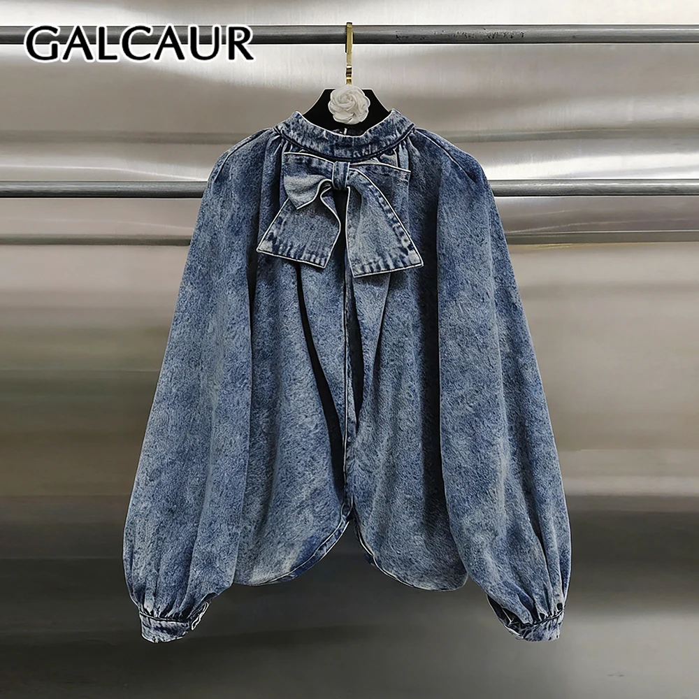

Женская куртка GALCAUR: свободный крой, с бантом, в стиле High Street, с круглым вырезом, длинными рукавами, из денима с пэчворком, модный стиль