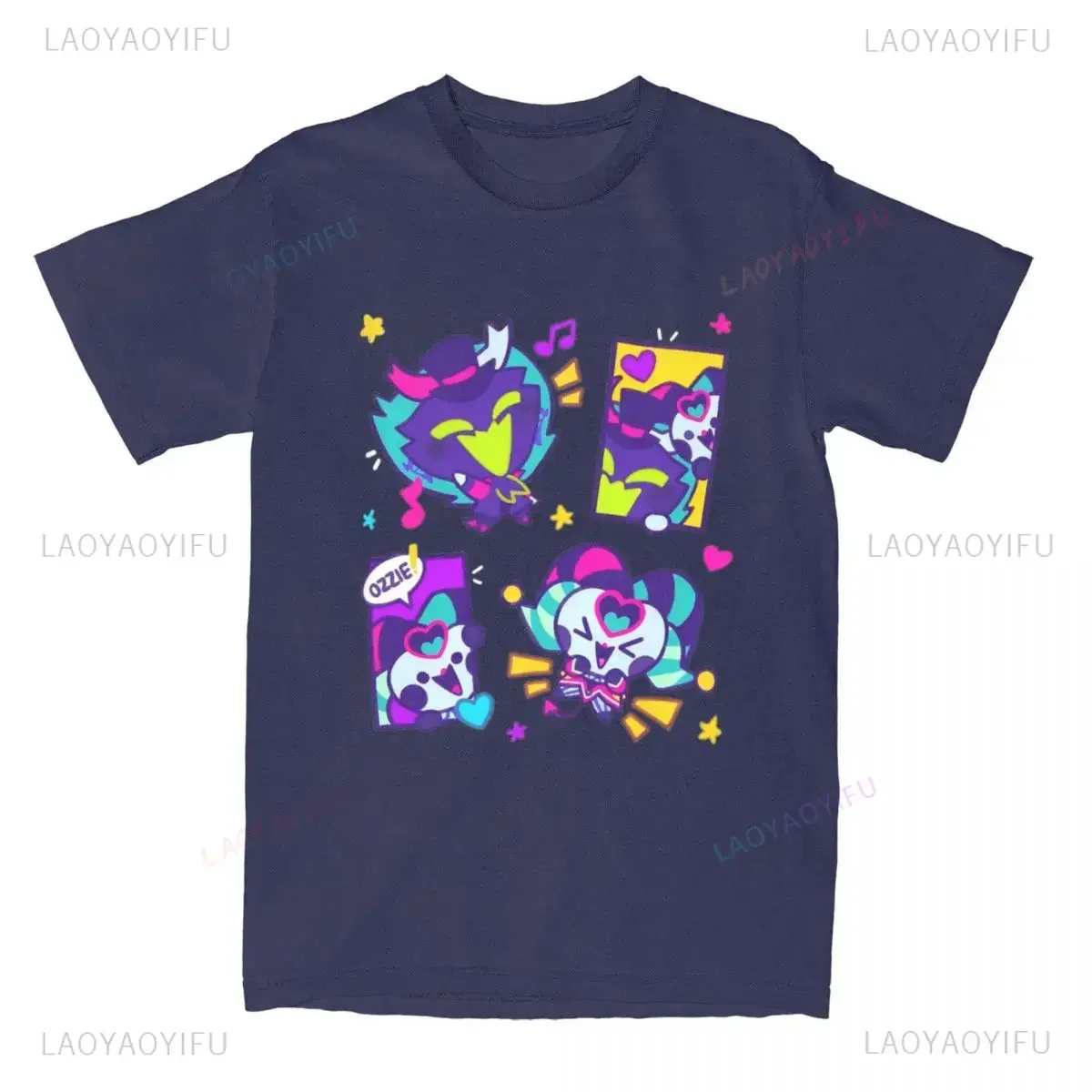 تي شيرت ربيع 2025 Helluva Boss Ozzie & Fizz أنيمي تي شيرت قطني ناعم للجنسين ملابس الشارع الشهير تي شيرت للرجال والنساء Kawaii Chibi عيد الحب جرافيك