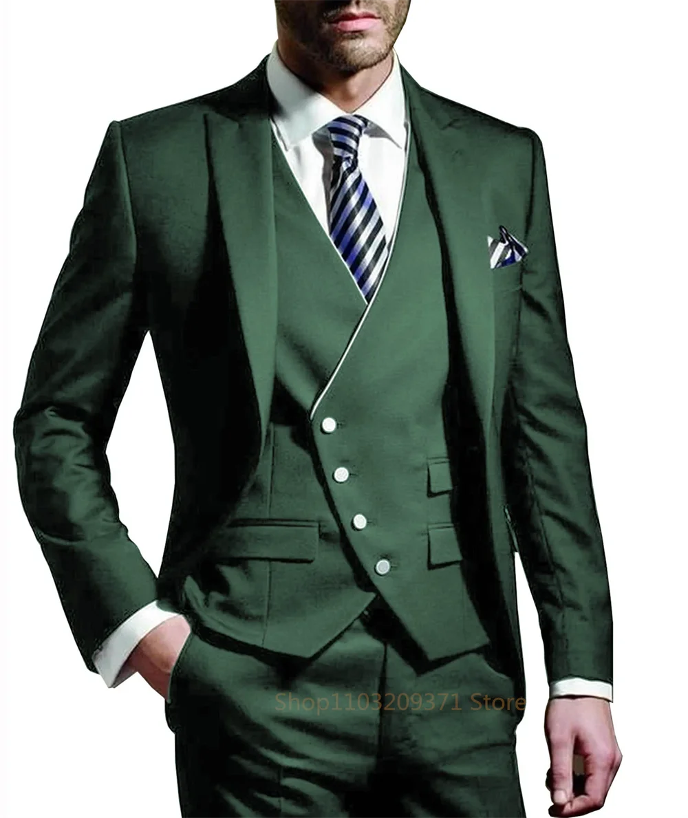 Post Green 2024 Suits Men Suits 3 Pieces Wedding Wear Business Male Groom Wedding Dress Jacket Vest Pants Set Blazers Coat