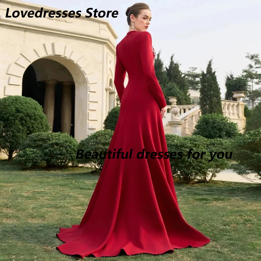 Red Evening Dress Customized V Neck Long Sleeves Beading Stone A Line Sweep Train Formal Prom Gowns Modern Prom Dress