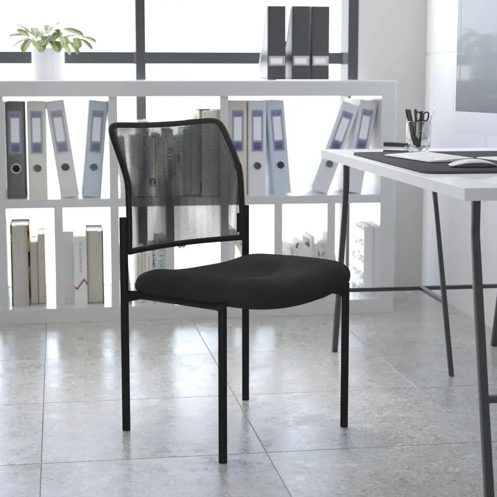 Set of 5 Contemporary Black Mesh Side Chairs Stackable Steel Frame Lumbar Support & Padded Seat Ideal Office or Reception Area