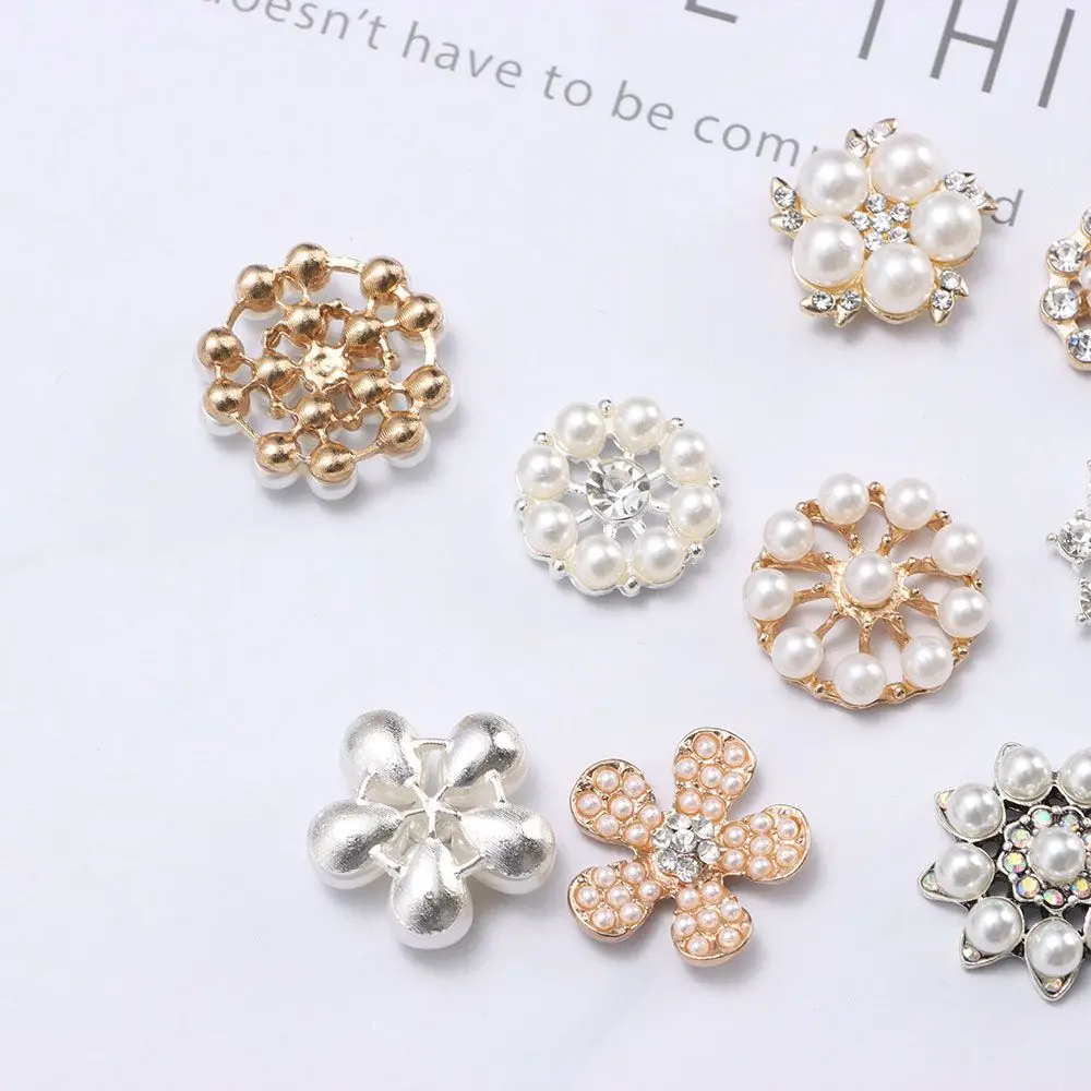 5PCS Pearl Flower Rhinestone Buttons Sparkling Crystal Hairpins Decoration Clothes Buttons DIY Crafts Apparel Sewing Accessories