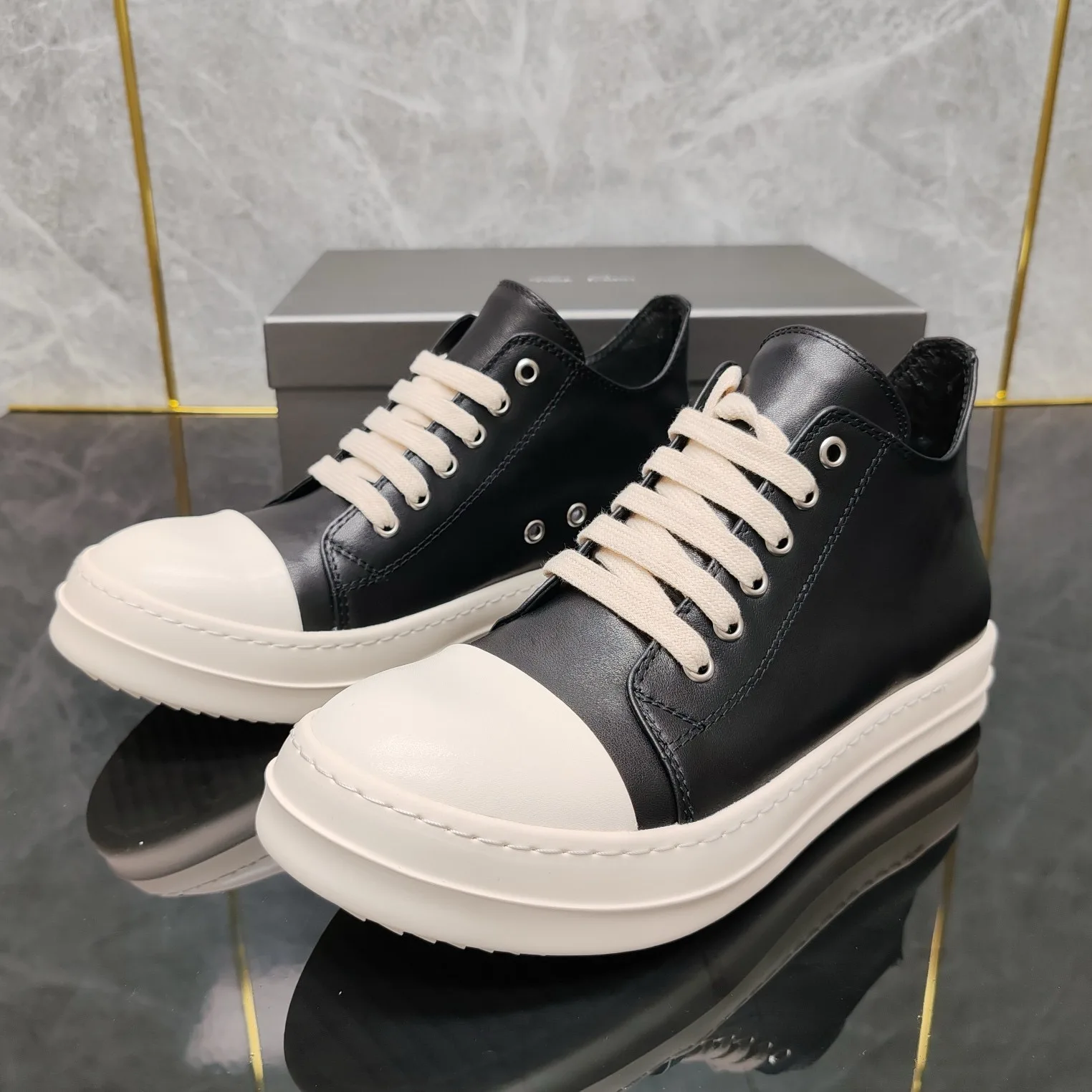 Round Owen Harajuku style casual leather shoes first layer cowhide low-top shoes high street lovers shoes