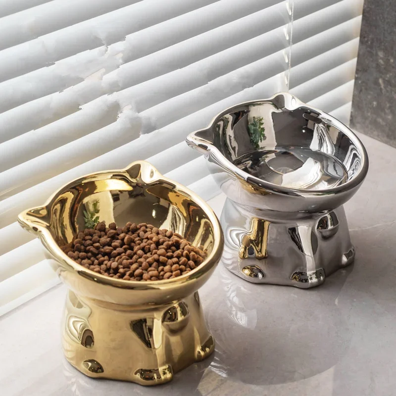 

Anti Tipping Ceramic Pet Bowl with Gold Silver Bells Cat Shape Feeder for Dog Cat Puppy Dog Accessories