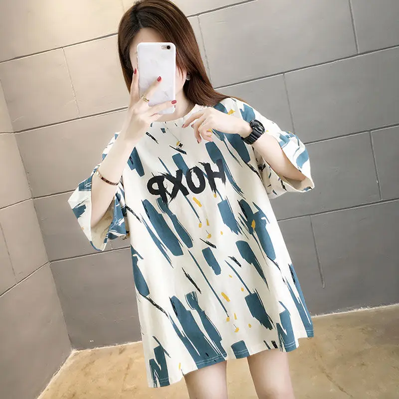 

2023 New Summer Fashion Minimalist Round Neck Letter Print Contrasting Color Loose Casual Oversize Short Sleeved Large T-shirt