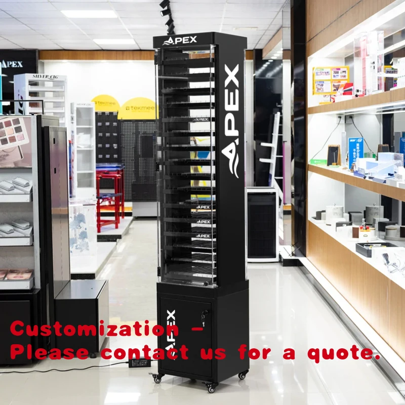 

Система витрин для табачных изделий custom.APEX Smoke Shop с LED-подсветкой, регулируемыми полками и акриловыми выдвижными ящиками для хранения.