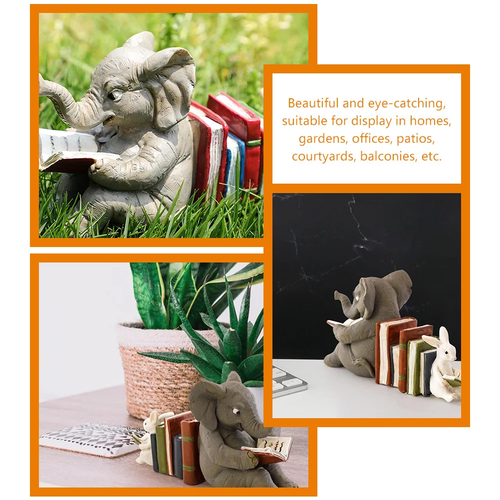 Statue de livre de lecture d'éléphant de lapin en résine réaliste, décoration de maison, jardin, Patio, bureau, Sculpture animale artistique