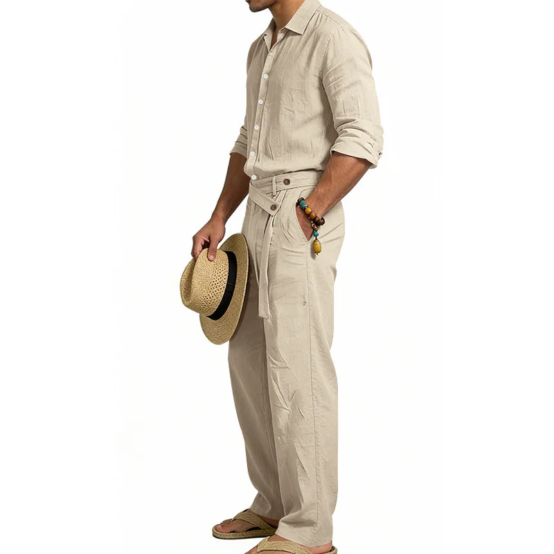 Europäisch-Amerikanisches Herren-Leinen-Freizeitset: Hemd mit Umlegekragen und Hose mit hohem Bund und Gürtel – Locker, atmungsaktiv, für Urlaub und Strand – Detail 30