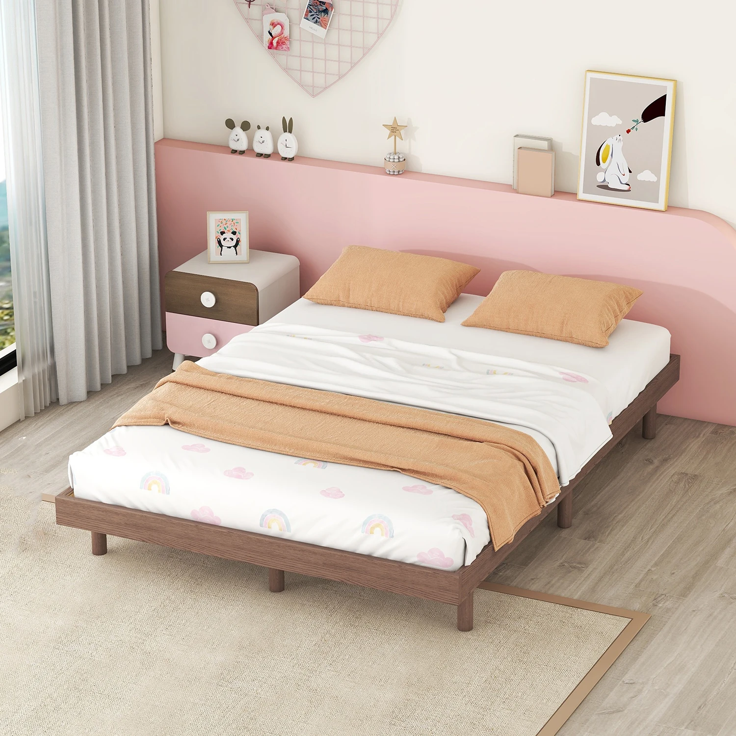Marco de cama con plataforma flotante completa, cama de tablero de partículas de diseño moderno para decoración del hogar y dormitorio, 77,60 pulgadas de largo x 56,10 pulgadas de ancho x 10,40 pulgadas de alto
