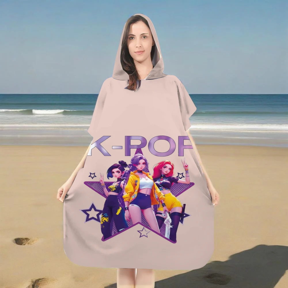 1PC K-Pop Girl Group Hooded Bath Robe for Kids & Adults, Microfiber Quick Dry Beach Towel, Anime Cartoon Print for Pool Bath