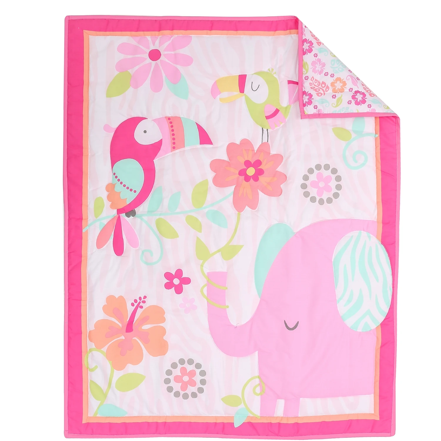 Juego de cama de elefante rosa para cuna de bebé, ropa de cama para guardería, juego de cama de cuna de tamaño estándar, de 3 piezas edredón, Sábana bajera, falda de cuna