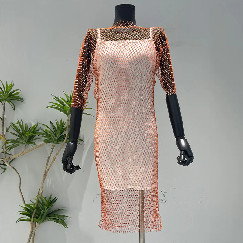 

2026 Spring/Summer New Heavy Industry Diamond Set Five Sleeve Fishing Net Half High Neck Hollow Beach Dress