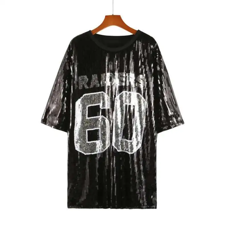 #0210 Black Baseball T Shirt Women Short Sleeve Party Streetwear Hip Hop Sequined T Shirt Female Loose Shinny Womens Tee Shirts