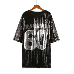 #0210 Black Baseball T Shirt Women Short Sleeve Party Streetwear Hip Hop Sequined T Shirt Female Loose Shinny Womens Tee Shirts