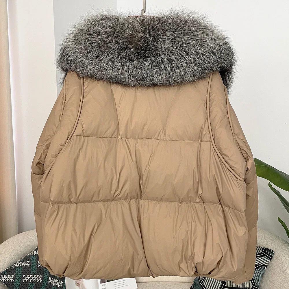 Autumn Winter Fashion Silver Fox Fur Detachable Fur Collar Splicing Down Jacket Women's Thickened Warm Coat 90% White Duck Down