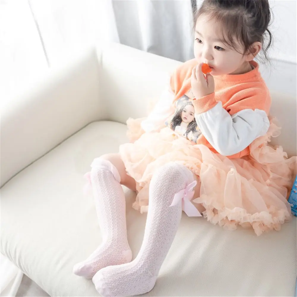 Newborn Infant Solid Color Breathable Soft Socks Cotton Long Stocking Royal Style Bow Knee High Fishnet Socks Knee Stockings