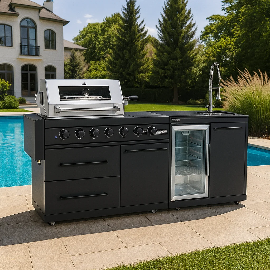 

Hot Selling Customized Black Outdoor Bbq Kitchen Cabinet with Pizza Oven & Fridge Waterproof Outdoor Stainless Steel Kitchen