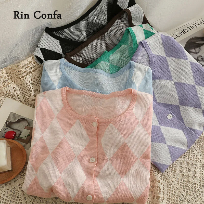 

Rin Confa Fashion All-Match Thin Tops Women Short Plaid Pattern Single-Breasted Cardigan Round Collar Knitting Sweater