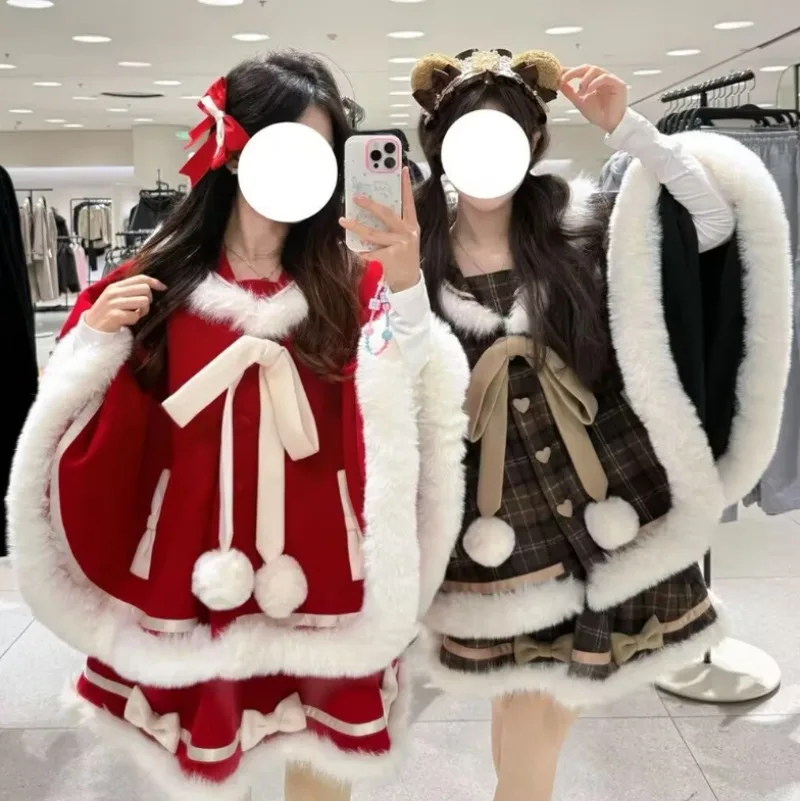 

2025 Christmas New Clothes Women Cloak Jacket+half Skirt Two Piece Set Autumn Winter New Sweet Japanese Atmosphere Skirt Sets