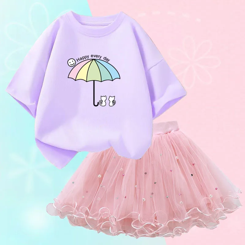 2Pcs/Set Girls Cute Mesh Tutu Skirt Cartoon umbrella Cat Print Short Sleeve T-shirt Children Clothes Suit Fashion Kids Costume