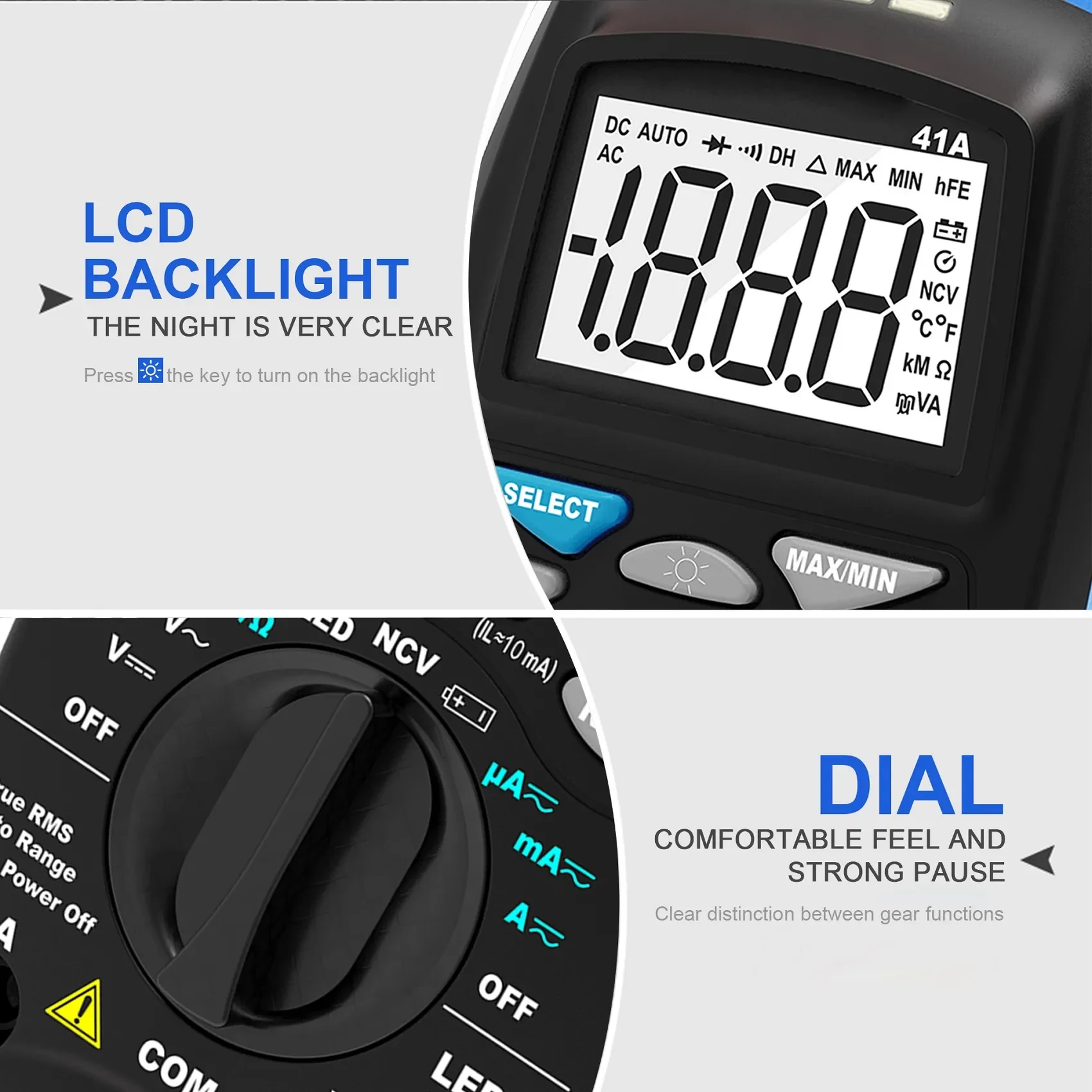 

2000 Counts True RMS Multimeter NCV LED Test Battery Test Backlight Auto Off Continuity/Diode for Home Car Electrician HP-41A
