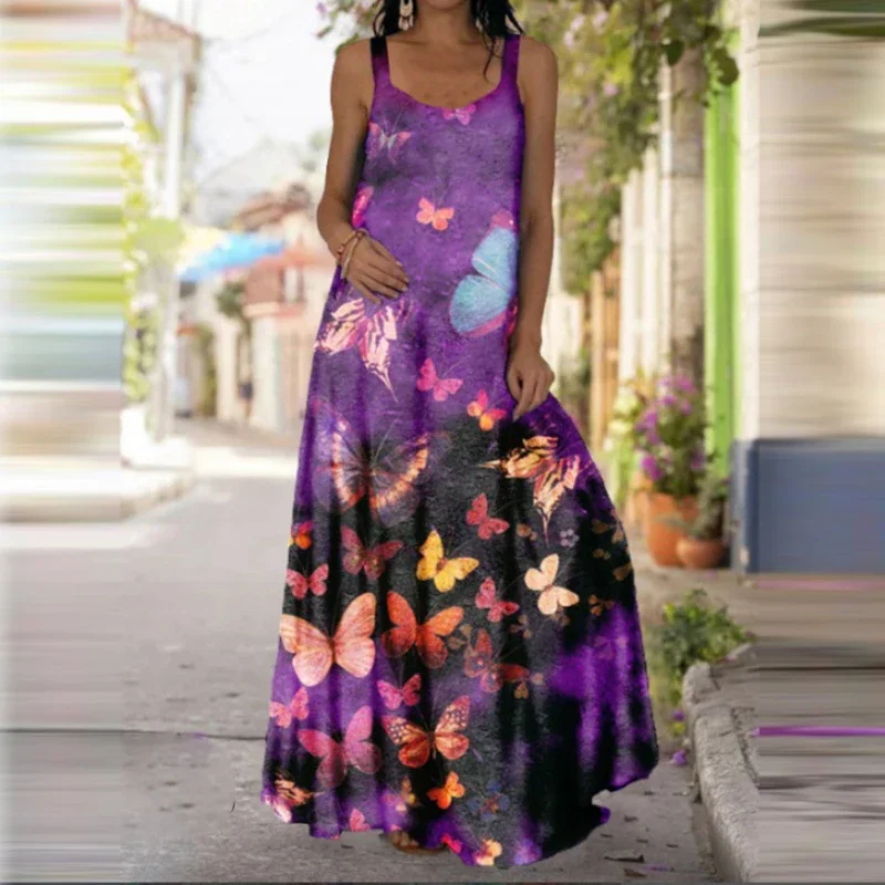 Women\'s Fashionable Butterfly Printed Sleeveless Dress Summer Casual Printed Long Dress