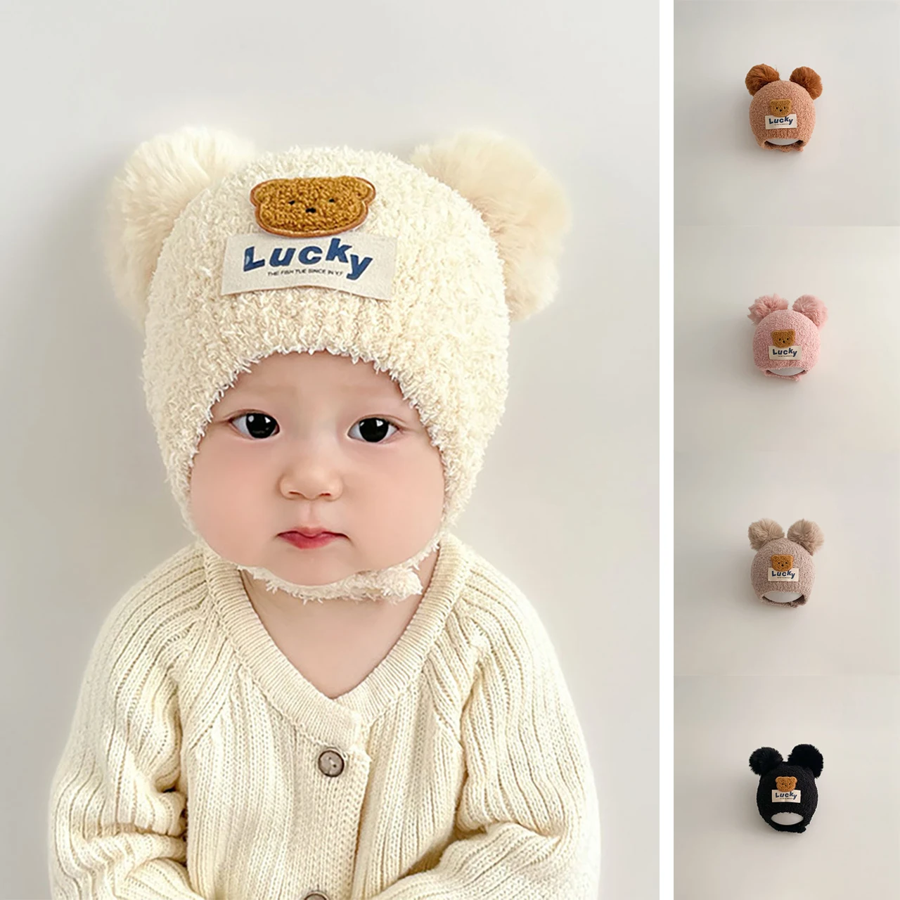 

Милая детская шапка с защитой ушей, зимняя теплая детская шапочка на шнуровке, однотонная шерстяная пуловерная шапка, головной убор для детей от 6 до 24 месяцев, капот