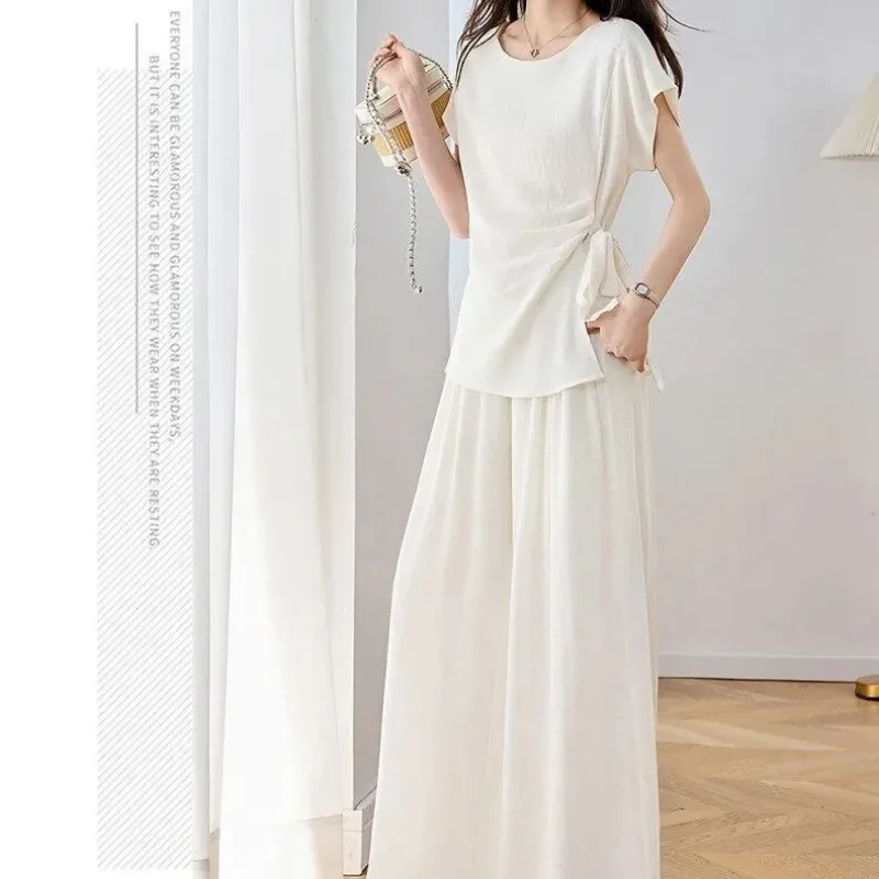 Women's Linen Blend Irregular Tie Waist Top Wide Leg Pants 2PCS Casual Set