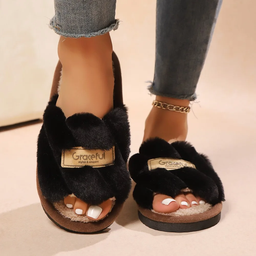 

Fashion Stripe Furry Plush Slippers Fluffy Non-Slip Winter Indoor Slippers Thicken Warm Casual Fleece Slippers Bedroom