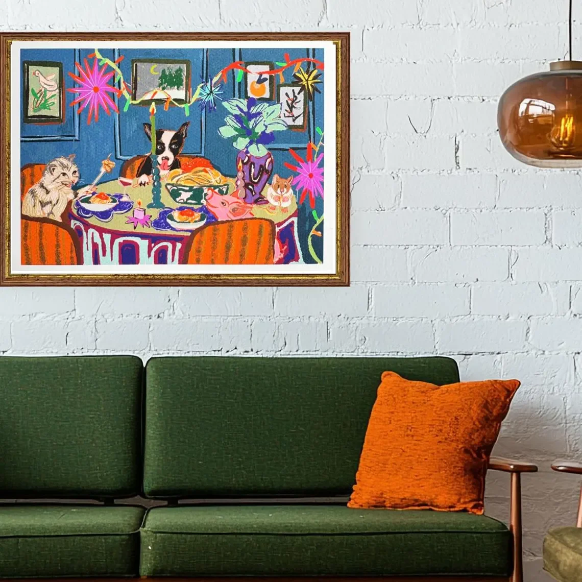 Whimsical Spaghetti Dinner Party Art Print: Dog, Cat, Piglet & Hamster