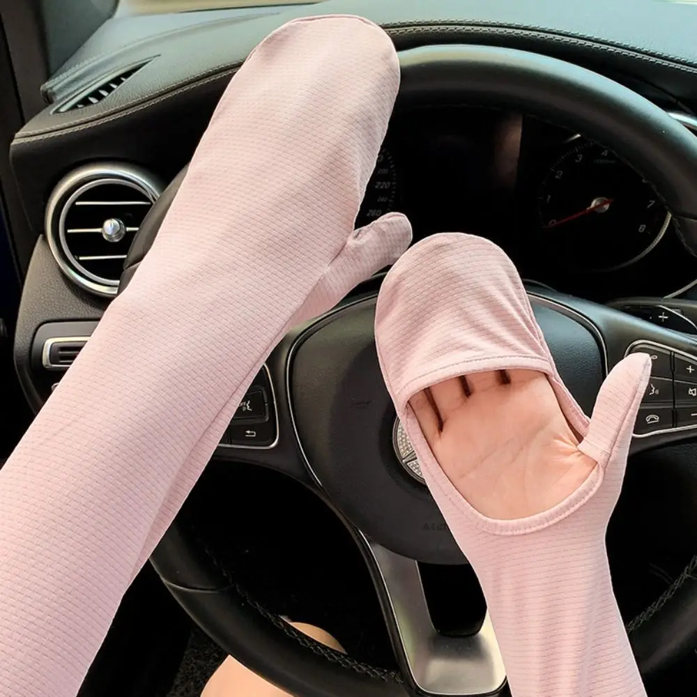 Simple Solid Color Long Ice Silk Sleeves Thin Elastic Sunscreen Arm Covers UV Insulation Anti-UV Cycling Gloves Women